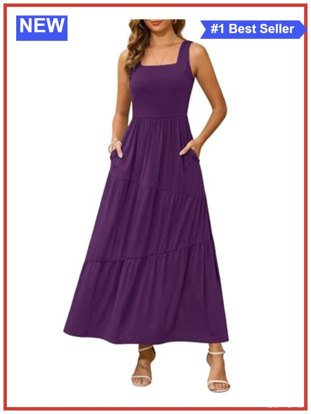 Kranda Sleeveless Square Neck Tiered Maxi Dress with Pockets